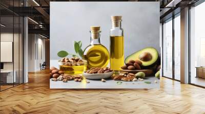 Assorted healthy fats food selection with avocado, nuts, seeds, and olive oil, with blank space for adding text or design Wall mural